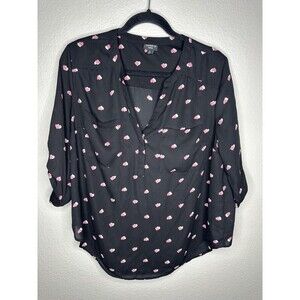 Torrid Shirt Womens Large Black Harper Heart Print Split Neck 3/4 Sleeve Blouse